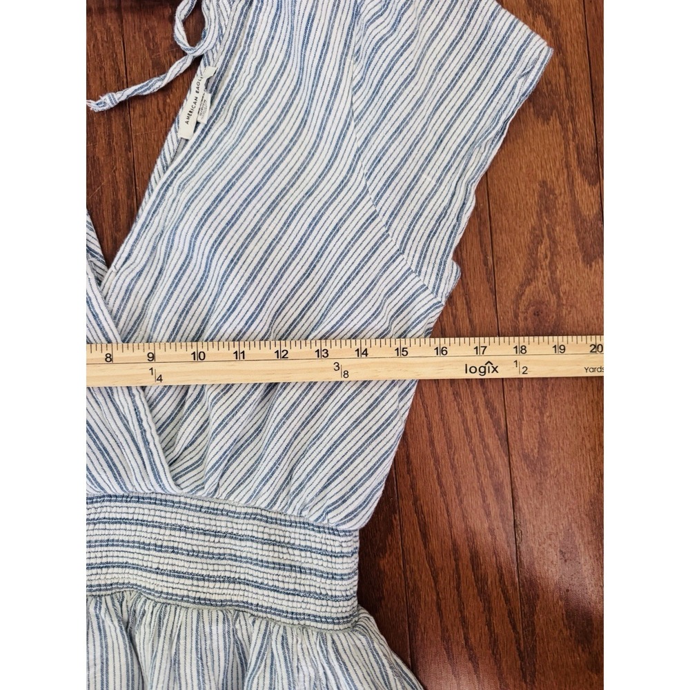 American Eagle Striped Tiered Ruffle Mini Dress Blue White Linen Blend Size S - Picture 6 of 8